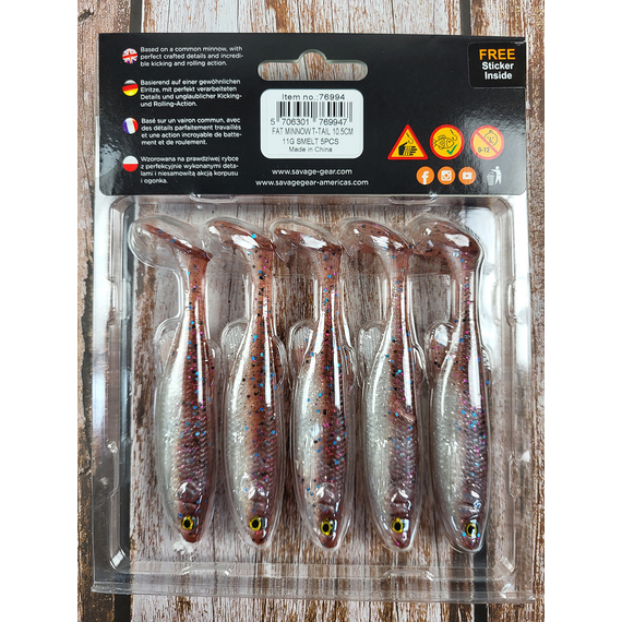 Силікон Savage Gear Fat Minnow T-Tail 105mm 11.0g Smelt (5 шт/уп), Довжина силікону: 105mm, Колір силікону: Smelt (5 шт/уп, фото , изображение 3