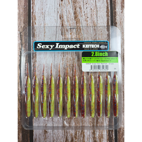 Силикон Keitech Sexy Impact 2.8" (12 шт/уп), цвет: ea#15 grape chart red flk, Длина силикона: 2.8" (7.1 см), Расцветка силикона: ea#15 grape chart red flk, фото , изображение 3