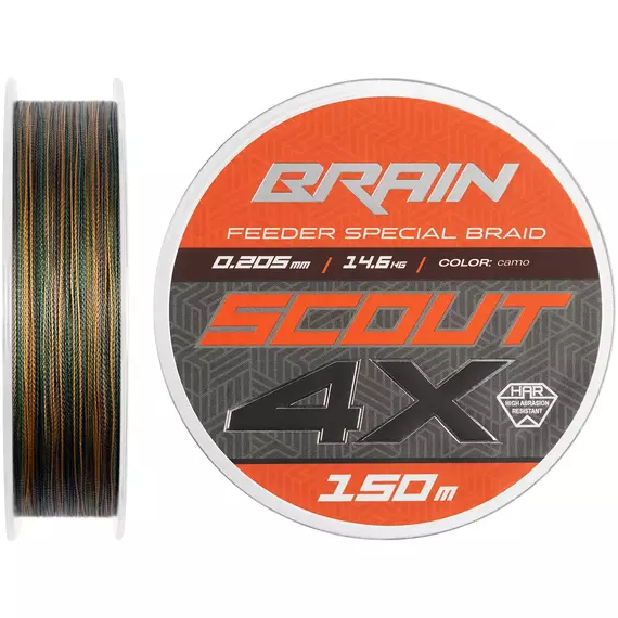 Фідерний шнур Brain Scout 4X (2026) 150m 0.205mm 14.6kg (колір: камуфляж), Діаметр: 0.205mm, Розмотування: 150m, Колір: Camo, фото 