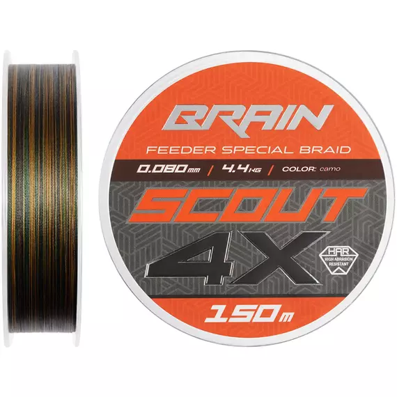 Фідерний шнур Brain Scout 4X (2026) 150m 0.080mm 4.4kg (колір: камуфляж), Діаметр: 0.08mm, Розмотування: 150m, Колір: Camo, фото 