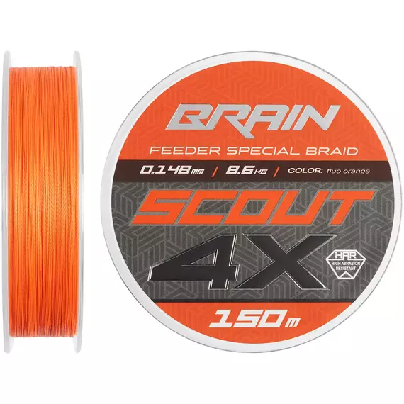 Фідерний шнур Brain Scout 4X (2026) 150m 0.148mm 8.6kg (колір: Fluoro Orange), Діаметр: 0.148mm, Розмотування: 150m, Колір: fluoro Orange, фото 