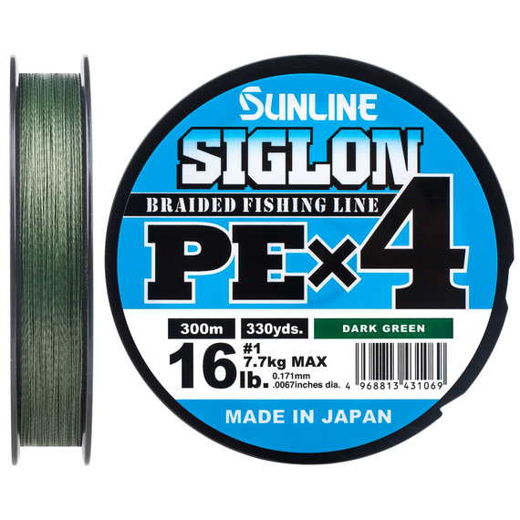 Шнур Sunline Siglon PE х4 300m (темн-зел.) #1.0/0.171mm 16lb/7.7kg, Диаметр: #1.0/0.171mm, Размотка: 300m, Выберите цвет: темно-зеленый, фото 