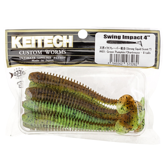 Силикон Keitech Swing Impact 4.5" (6 шт/упак) ц:401 greenpumpkinpp.chart, Длина силикона: 4.5" (11.4 см), Расцветка силикона: 401 Green Pumpkin/Chartreuse, фото , изображение 2