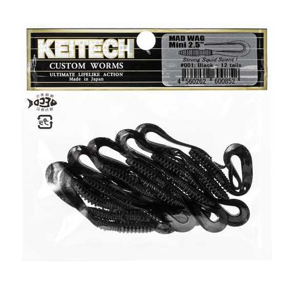 Силікон Keitech Mad Wag Mini 2.5" (12 шт/упак), колір:001 black, Довжина силікону: 2.5" (6.3 см), Колір силікону: 001 Black, фото , изображение 3