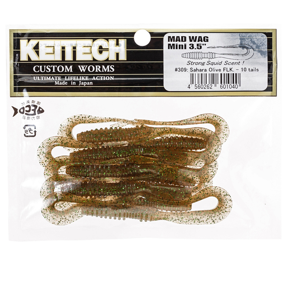 Силікон Keitech Mad Wag Mini 2.5" (12 шт/упак), колір:309 sahara olive flk., Довжина силікону: 2.5" (6.3 см), Колір силікону: 309 Sahara Olive Flk, фото , изображение 3