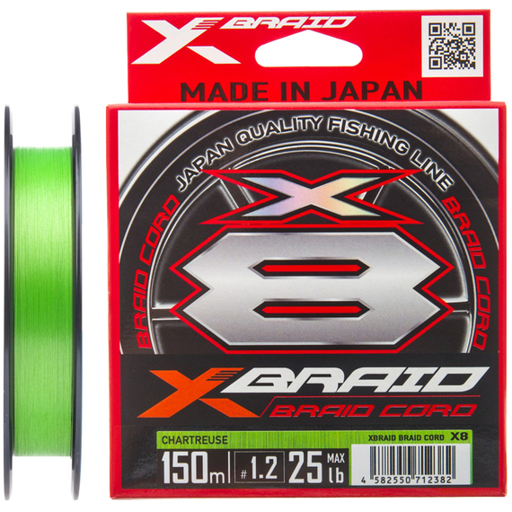 Шнур YGK X-Braid Braid Cord X8 150m #0.3/0.09mm 8lb/3.6kg, Діаметр: #0.3/0.09mm, Колір: салатовый , фото 