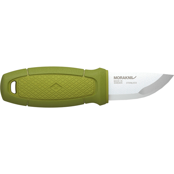 Нож Morakniv Eldris Neck Knife. Цвет - зеленый, сталь - Sandvik 12C27, рукоятка - пластик+резина, пластиковые ножны, огниво, темляк, длина клинка - 56 мм., фото , изображение 5