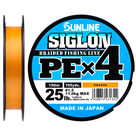 Шнур Sunline Siglon PE х4 300m (помаранч.) #1.5/0.209mm 25lb/11.0kg, Діаметр: #1.5/0.209mm, Розмотування: 300m, Колір: оранжевый, фото 