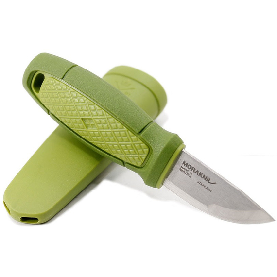 Нож Morakniv Eldris Neck Knife. Цвет - зеленый, сталь - Sandvik 12C27, рукоятка - пластик+резина, пластиковые ножны, огниво, темляк, длина клинка - 56 мм., фото , изображение 11
