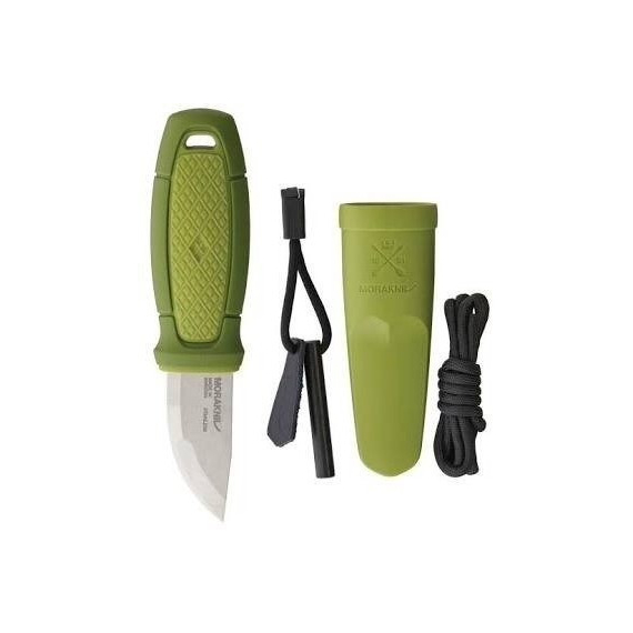 Нож Morakniv Eldris Neck Knife. Цвет - зеленый, сталь - Sandvik 12C27, рукоятка - пластик+резина, пластиковые ножны, огниво, темляк, длина клинка - 56 мм., фото , изображение 10