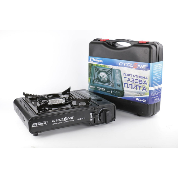 Газова плита портативна Cyclone 2.4кВт: з п'єзопідпалом, перехідниклом, та кейсом. Чорна, фото 