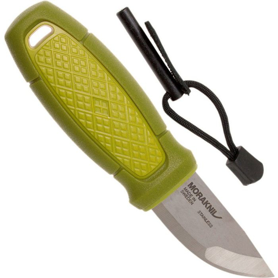 Нож Morakniv Eldris Neck Knife. Цвет - зеленый, сталь - Sandvik 12C27, рукоятка - пластик+резина, пластиковые ножны, огниво, темляк, длина клинка - 56 мм., фото , изображение 8