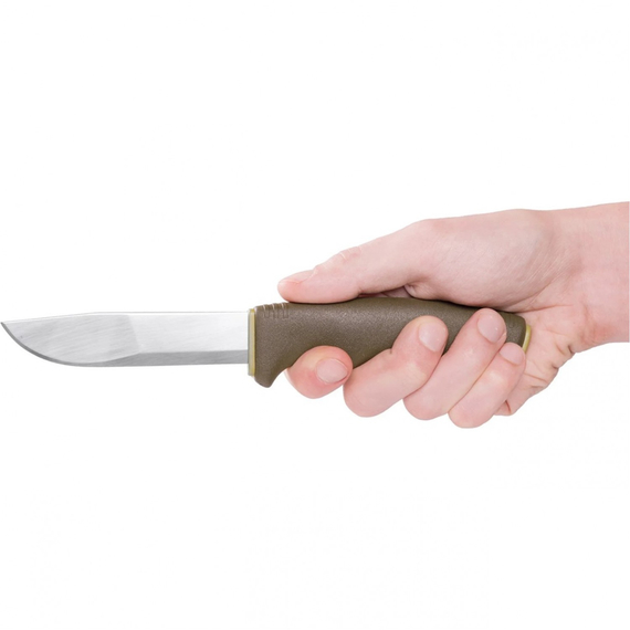 Нож Morakniv BushCraft Forest S. Цвет - оливковый, сталь Sandvik 12C27, рукоятка -- пластик+резина, ножны -- пластик, длина клинка -- 109 мм, длина общая 232 мм, фото , изображение 5