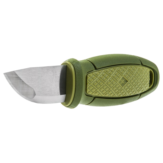 Нож Morakniv Eldris Neck Knife. Цвет - зеленый, сталь - Sandvik 12C27, рукоятка - пластик+резина, пластиковые ножны, огниво, темляк, длина клинка - 56 мм., фото , изображение 4