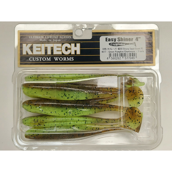 Силикон Keitech Easy Shiner 4" (7 шт/упак) ц:401 greenpumpkinpp.chart, Длина силикона: 4" (10.2 см), Расцветка силикона: 401 Green Pumpkin/Chartreuse, фото , изображение 7
