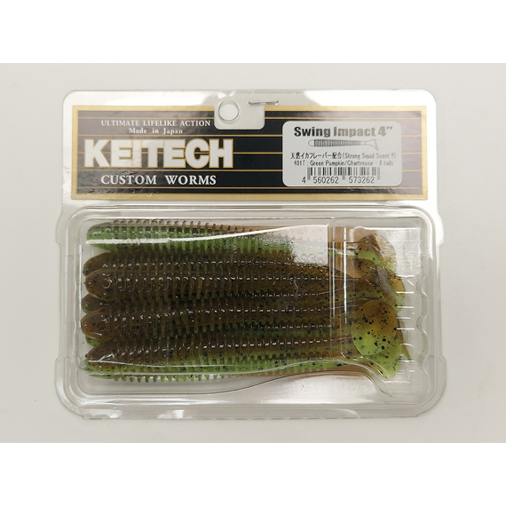 Силикон Keitech Swing Impact 4" (8 шт/упак) ц:401 greenpumpkinpp.chart, Длина силикона: 4" (10.2 см), Расцветка силикона: 401 Green Pumpkin/Chartreuse, фото , изображение 7
