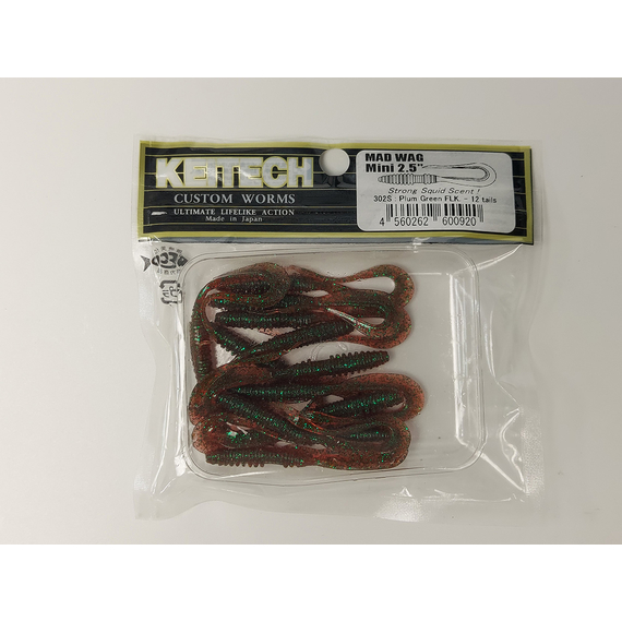 Силікон Keitech Mad Wag Mini 2.5" (12 шт/упак), колір:302 plum green flk., Довжина силікону: 2.5" (6.3 см), Колір силікону: 302 Plum Green Flk., фото , изображение 7