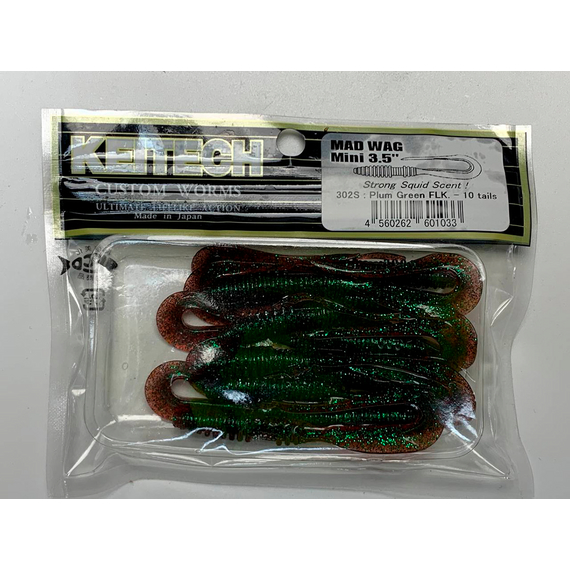 Силікон Keitech Mad Wag Mini 3.5" (10 шт/упак), колір:302 plum green flk., Довжина силікону: 3.5" (8.9 см), Колір силікону: 302 Plum Green Flk., фото , изображение 4