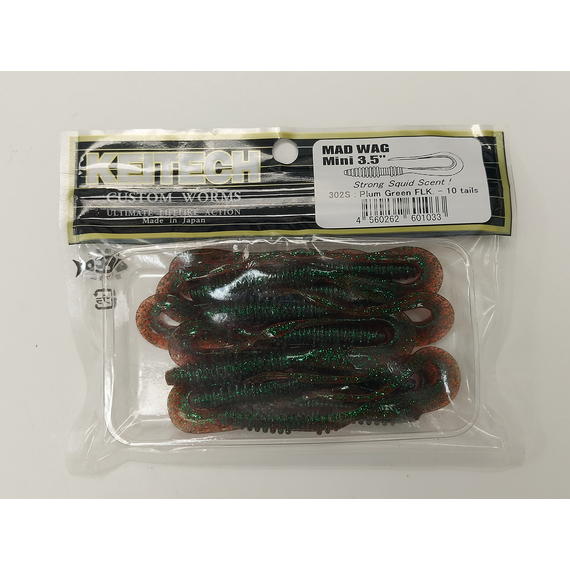 Силікон Keitech Mad Wag Mini 3.5" (10 шт/упак), колір:302 plum green flk., Довжина силікону: 3.5" (8.9 см), Колір силікону: 302 Plum Green Flk., фото , изображение 9