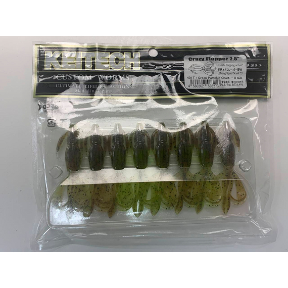 Силикон Keitech Crazy Flapper 2.8" (8 шт/упак) ц:401 greenpumpkinpp.chart, Длина силикона: 2.8" (7.1 см), Расцветка силикона: 401 Green Pumpkin/Chartreuse, фото , изображение 2