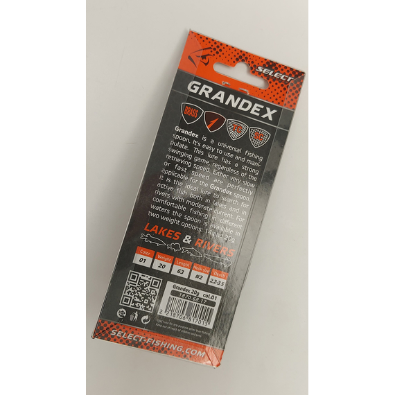 Блешня Select Grandex 20.0g 63mm #01 (срібло), Вага блешні: 20г, Колір блешні: 01, фото , изображение 7