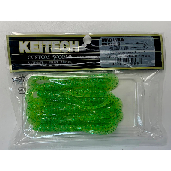 Силикон Keitech Mad Wag Mini 3.5" (10 шт/упак) ц:424 lime chartreuse, Длина силикона: 3.5" (8.9 см), Расцветка силикона: 424 Lime Chartreuse, фото , изображение 9