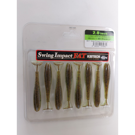 Силикон Keitech Swing Impact FAT 2.8" (8 шт/упак) цвет: 401 greenpumpkinpp.chart, Длина силикона: 2.8" (7.1 см), Расцветка силикона: 401 Green Pumpkin/Chartreuse, фото , изображение 3