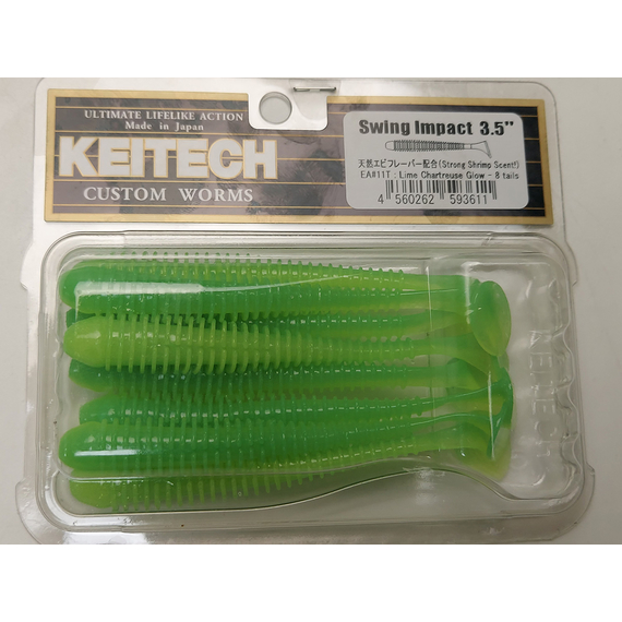 Силікон Keitech Swing Impact 3.5" (8 шт/упак), колір:ea#11 limechartreuseglow, Довжина силікону: 3.5" (8.9 см), Колір силікону: EA#11 Lime Chartreuse Glow, фото , изображение 6