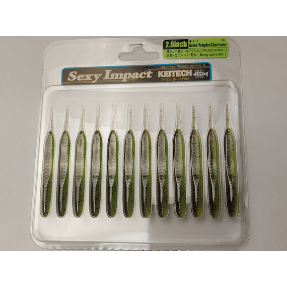 Силікон Keitech Sexy Impact 2.8" 12, колір:401 greenpumpkinpp.chart, Довжина силікону: 2.8" (7.1 см), Колір силікону: 401 Green Pumpkin/Chartreuse, фото , изображение 6