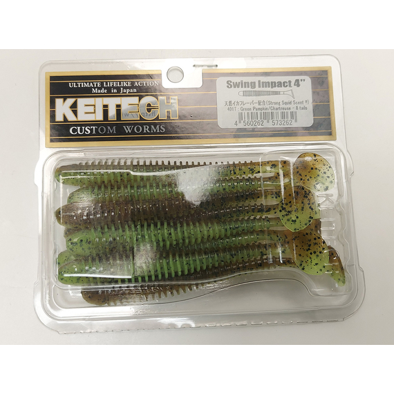 Силикон Keitech Swing Impact 4" (8 шт/упак) ц:401 greenpumpkinpp.chart, Длина силикона: 4" (10.2 см), Расцветка силикона: 401 Green Pumpkin/Chartreuse, фото , изображение 9