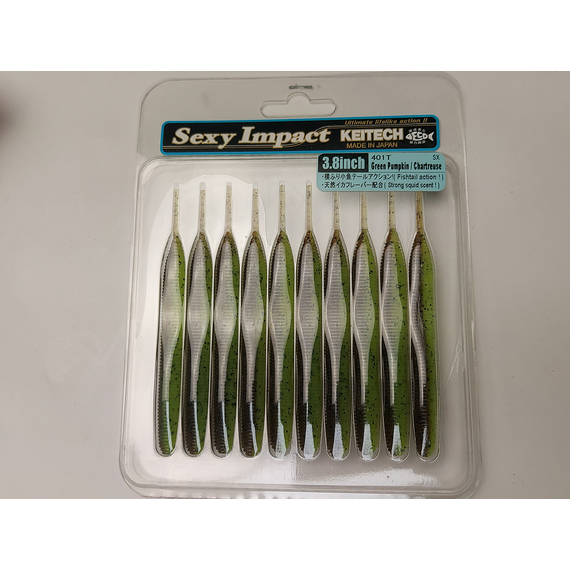 Силикон Keitech Sexy Impact 3.8" (10 шт/упак) ц:401 greenpumpkinpp.chart, Длина силикона: 3.8" (9.7 см), Расцветка силикона: 401 Green Pumpkin/Chartreuse, фото , изображение 6