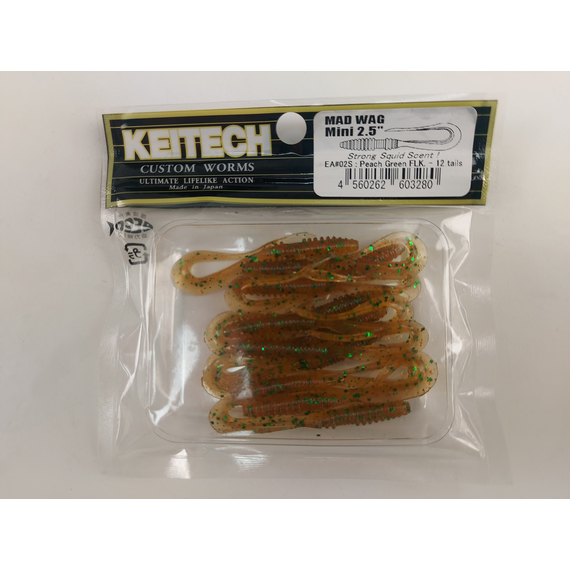 Силикон Keitech Mad Wag Mini 2.5" (12 шт/упак), цвет: ea#02 peach green flk., Длина силикона: 2.5" (6.3 см), Расцветка силикона: EA#02 Peach Green FLK, фото , изображение 7