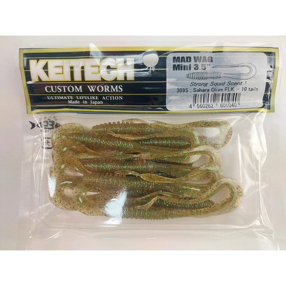 Силікон Keitech Mad Wag Mini 3.5" (10 шт/упак), колір:309 sahara olive flk., Довжина силікону: 3.5" (8.9 см), Колір силікону: 309 Sahara Olive Flk, фото , изображение 9