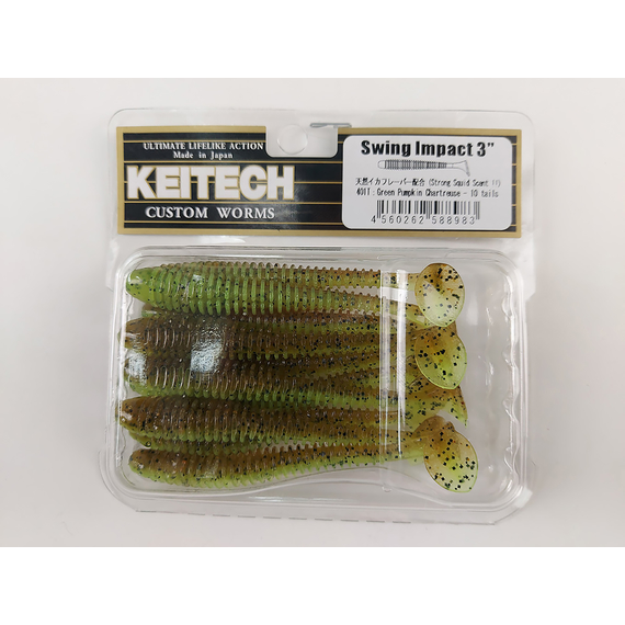 Силикон Keitech Swing Impact 3" (10 шт/упак) ц:401 greenpumpkinpp.chart, Длина силикона: 3" (7.6 см), Расцветка силикона: 401 Green Pumpkin/Chartreuse, фото , изображение 13